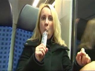 German bitch masturbates and fucked on a train