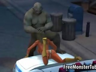 Marvelous 3D seductress Lays On A Cop Car And Sucks A Monsters peter