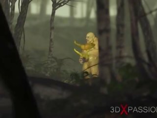 Xanh lục con quái vật ogre fucks cứng một bật trên phái nữ goblin arwen trong các enchanted rừng
